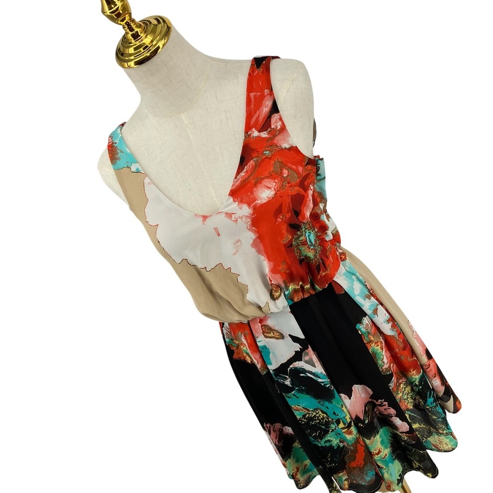 Gianni Bini Floral Mini Dress V-Neck Orange Teal Black Small Botanical Abstract